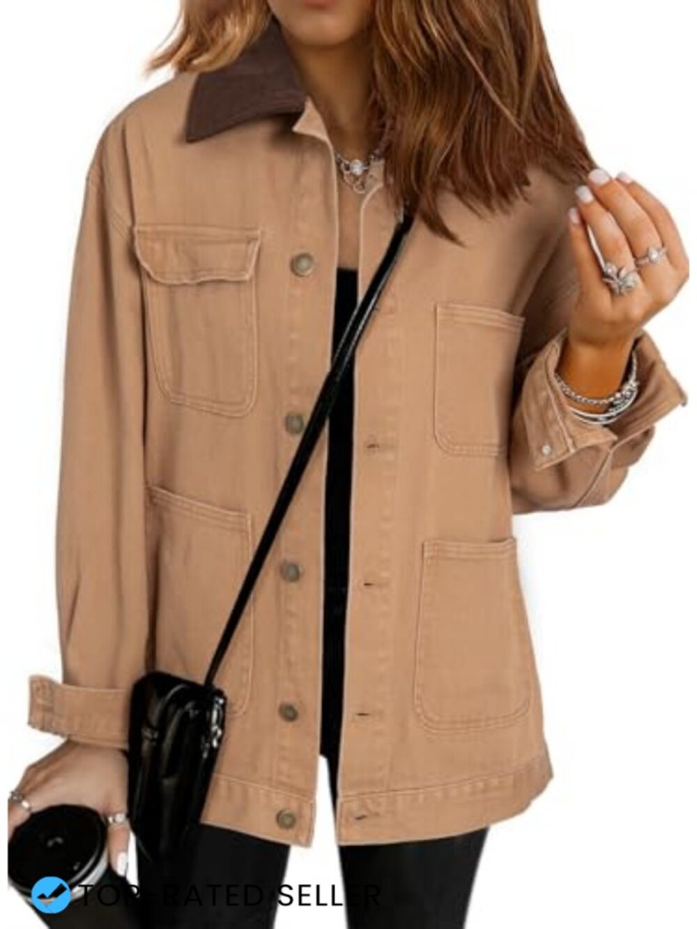 Women's Denim Jacket Corduroy Collar Oversized Barn Coat Long Sleeve 4-Pocket
